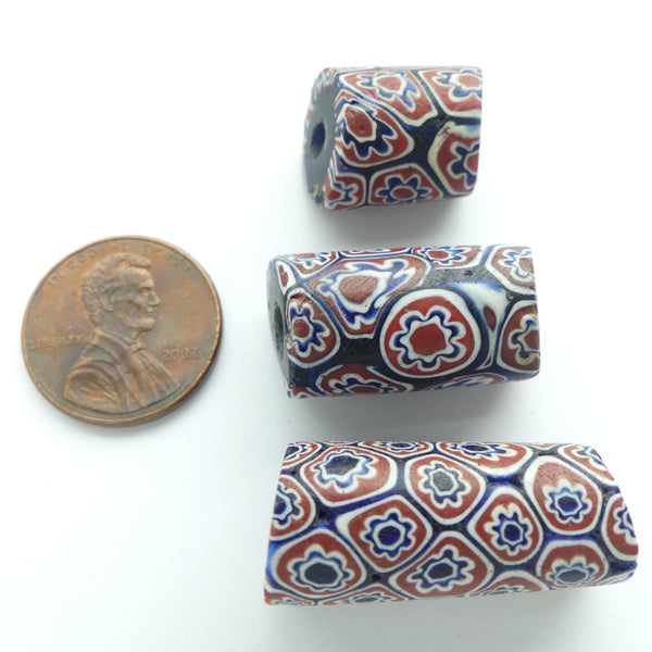 Millefiori, Antique Venetian Trade Beads, Red, White, Blue Flowers, Set of 3, Largest 27x12mm