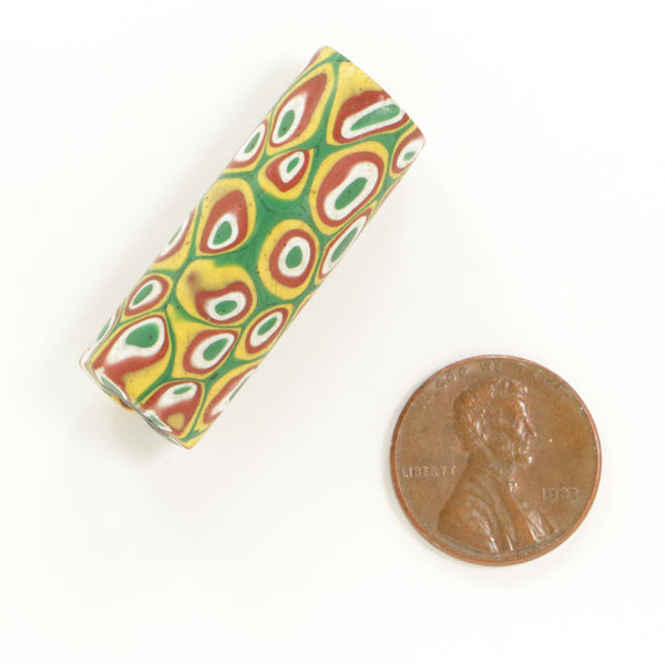 Millefiori Antique Venetian Trade Bead, Green with Amber, Brick and White, 34x14mm