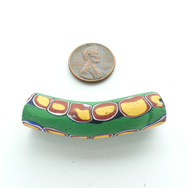 Millefiori Trade Bead, Elbow Green with Amber, Brick & White Circles, 45x12mm