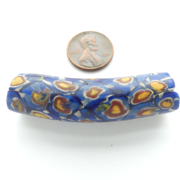 Millefiori Antique Venetian Trade Bead, Elbow. Blue/White/Amber/Brick, 52x14mm