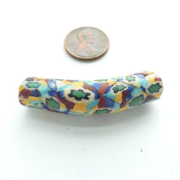 Millefiori Trade Bead, Elbow with Multicolor Star Murrine, Including Turquoise, 44x12mm