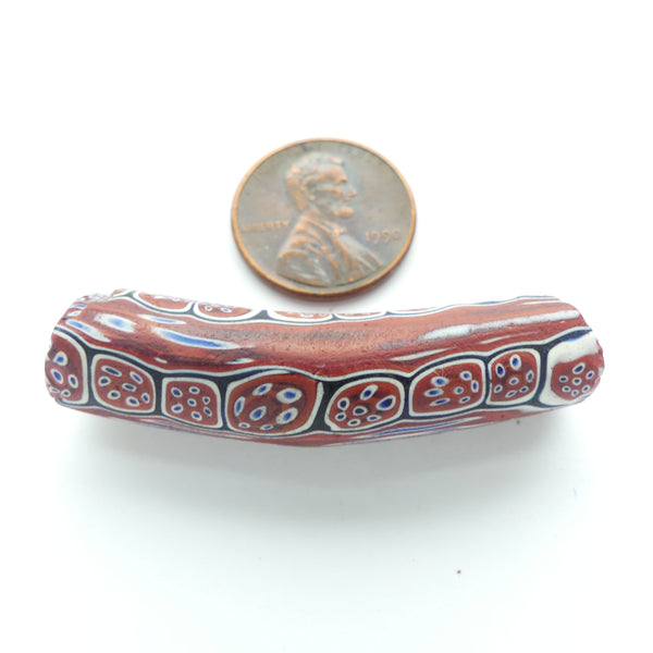 Millefiori Antique Venetian Trade Bead, Elbow Brick w/ White & Blue Cut and Long Canes, 45x11mm