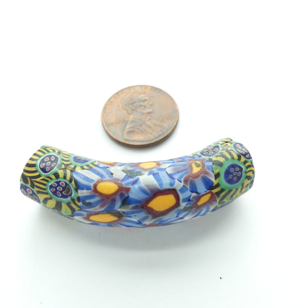 Millefiori, Antique Venetian Trade Bead, Elbow Small with Two Complex Patterns, 42x12mm