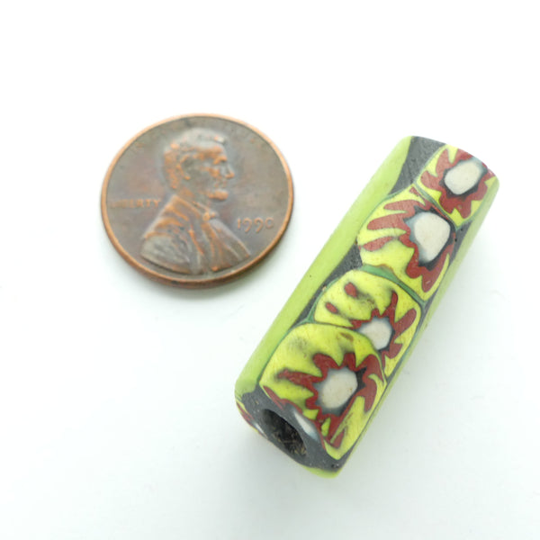 Millefiori Trade Bead, Rare Lime Green with Flowers, 30x10mm