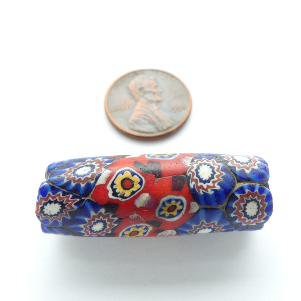 Millefiori Antique Venetian Trade Bead, Wonderful Red with Blue Chevron Canes, 34x12nn