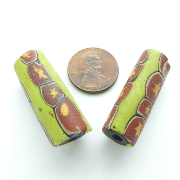 Millefiori, Antique Venetian Trade Beads, Lime with Stars, 30x12mm, Sold Individually