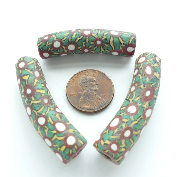 Millefiori. Antique Venetian Trade Beads, Elbows, Green, Red, White Flowers, 40x12mm