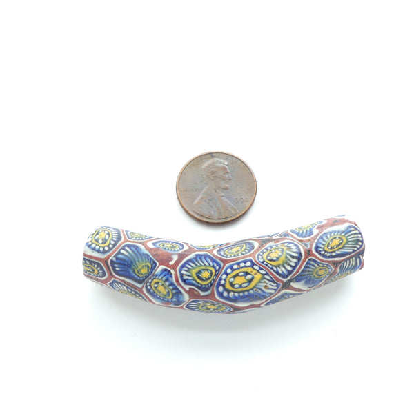 Millefiori Antique Venetian Trade Beads, Large Bundled Cane Elbow, Blues, 55x14mm