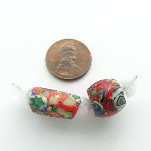 Millefiori Antique Venetian Trade Beads, Rare Red Core, End-of-Day Beads, Set of 2