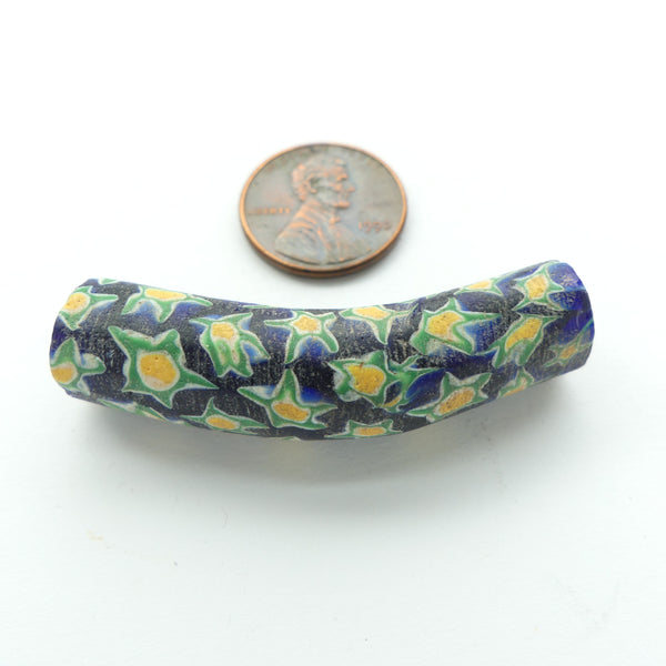 Millefiori Antique Trade Beads, Elbow with Yellow & Green Stars on Blue, 48x12mm