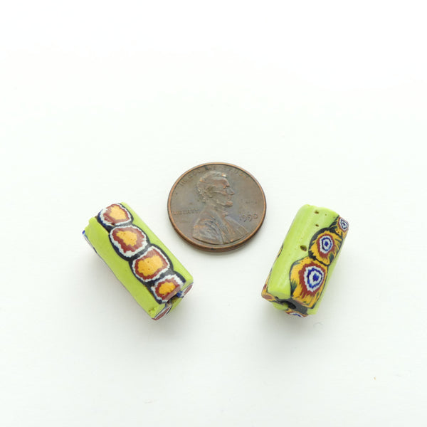 Millefiori Antique Venetian Trade Beads, Rare Lime Color, Set of 2