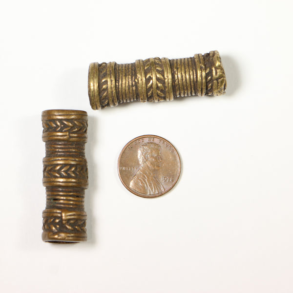Brass, Nigerian Antique Large Brass/Bronze Cylinder Beads, 41x19mm, Set of 2,