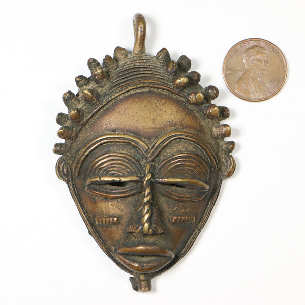 Brass. Lost Wax Cast Vintage Large Face Pendant from Ghana, 52x80mm