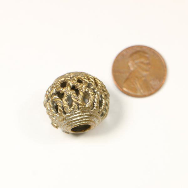 Brass, Lost Wax Cast Bead from Ghana, Round Openwork 20mm Diameter