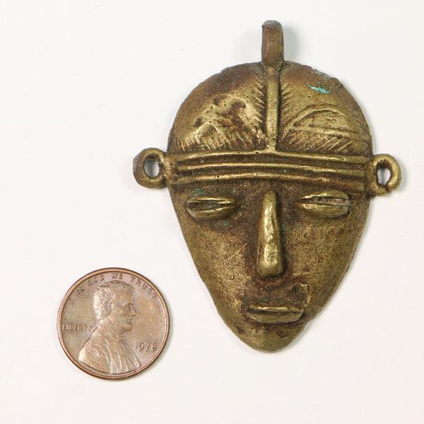 Brass. Lost Wax Cast Face Pendant from Ghana, 45x55mm