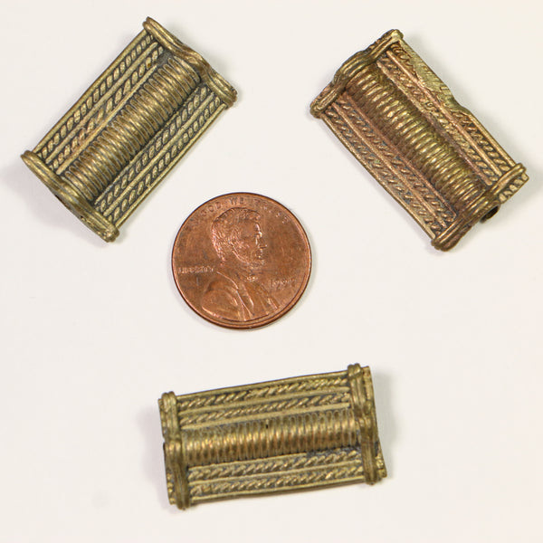 Brass, Lost Wax Cast Rectangular Baoule Beads, 28x25mm, Set of 3