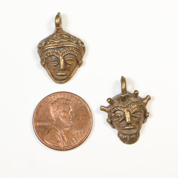 Brass, Lost Wax Cast Mini Face Pendants from Ghana, 20 and 22mm, Sold as Set of 2