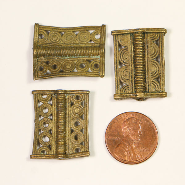Brass. Lost Wax Cast Vintage Baoule Rectangular Beads, 2 Patterns 25mm long