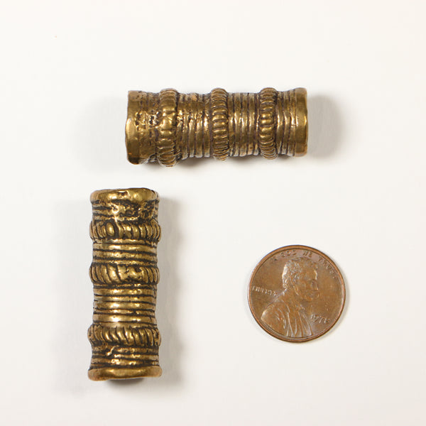 Brass, Nigerian Antique Extra Large Cylinder Beads, Set of 2, 35x12mm