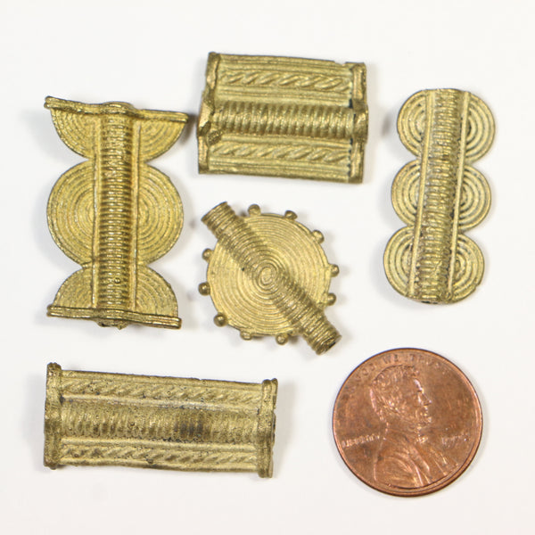 Brass, Collector Set of 5 Shapes of Lost Wax Cast Vintage Baoule Beads, Longest 28mm