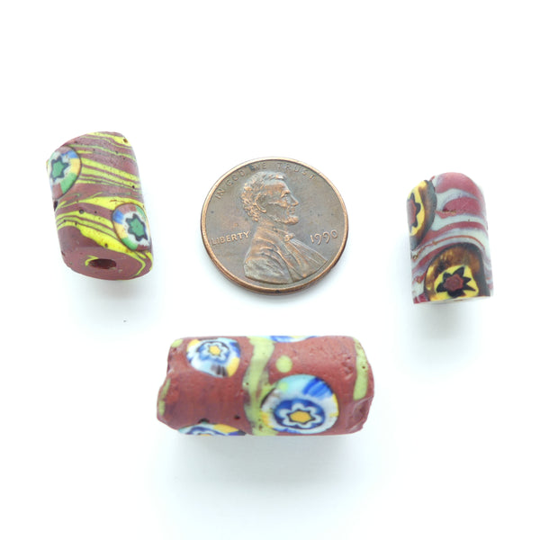 Millefiori Antique Trade Beads, Brown Cores with Lampwork & Murrine, 23x11mm, Set of 3