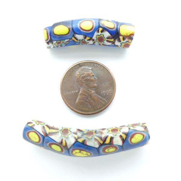Millefiori Antique Trade Beads, Slim Elbows with Two Patterns, Larger 38x8mm, Sold as Set of 2