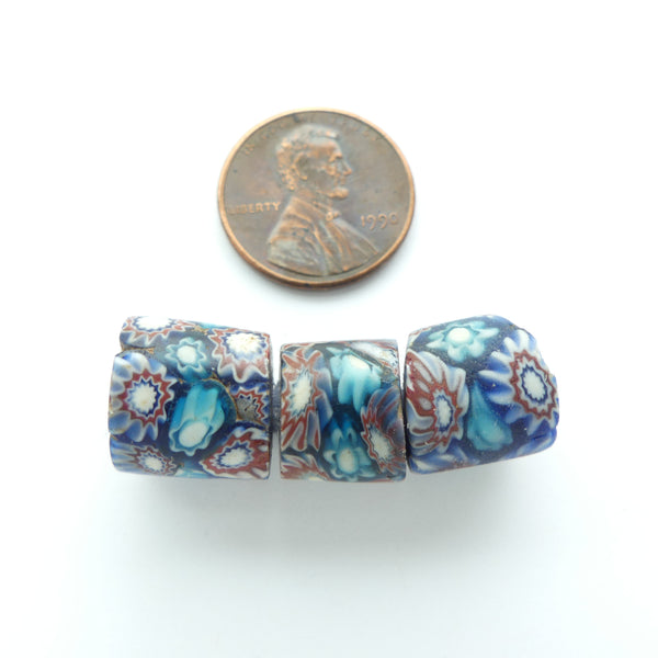 Millefiori Antique Venetian Trade Beads, Rare Turquoise Short Barrels, Set of 3