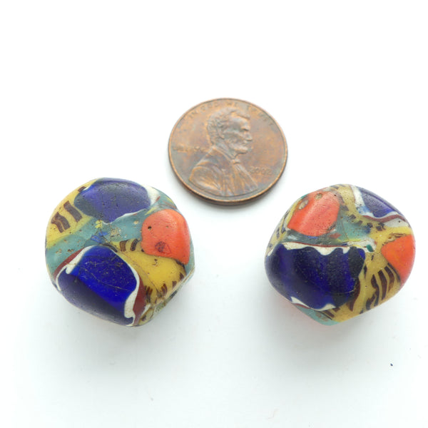 Millefiori Antique Venetian Trade Beads, Tabular End-of-Day Beads with Red, 18x20mm, Sold Individually