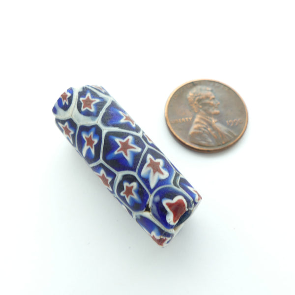 Millefiroi Antique Venetian Trade Bead, Bold Red & White Star on Blue, 34x13mm