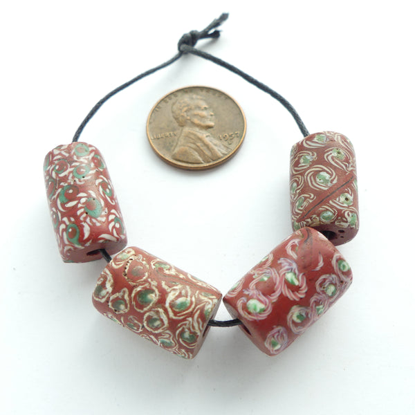 Lampwork, Antique Venetian Brown Beads With Latticino Eyes, Set of 4 Beads