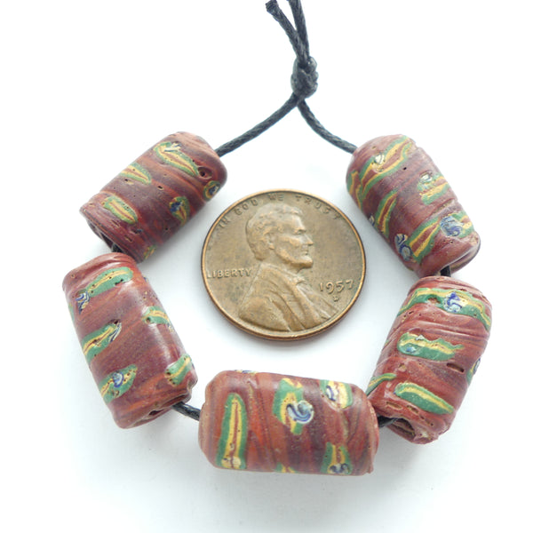 Lampwork, Antique Venetian, Brick Brown with Yellow & Green Designs, Set of 5