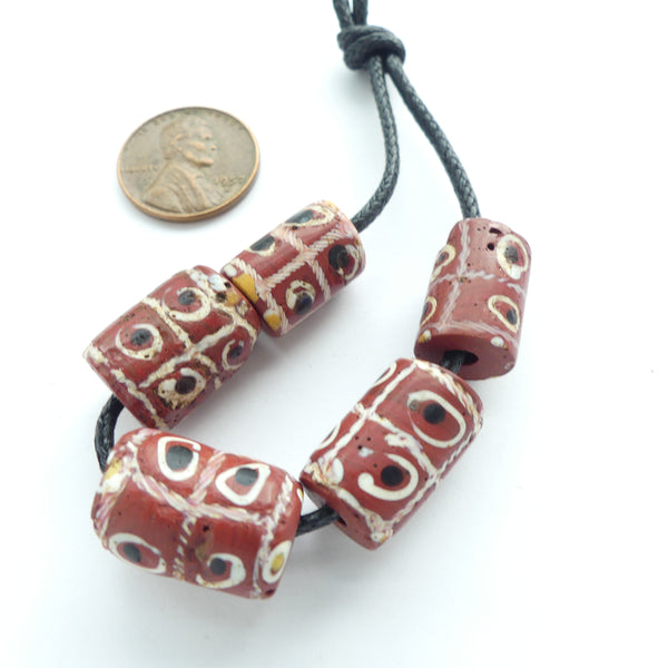 Lampwork, Antique Venetian, Brown with White Eyes "Tic Tac Toe" Beads, Set of 5