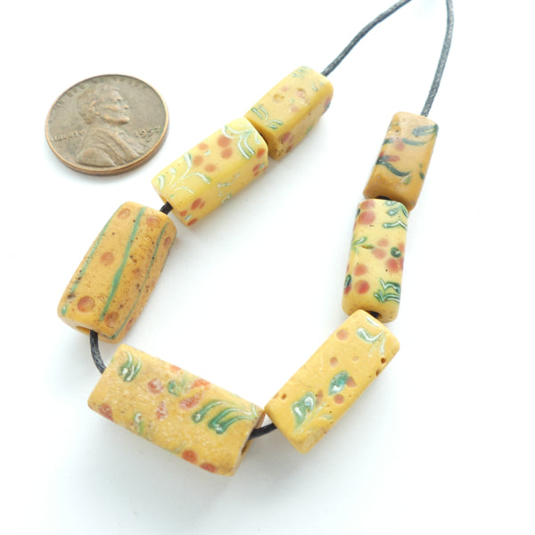 Lampwork, Antique Venetian, Small Yellow Bricks with Floral Designs, Set of 7
