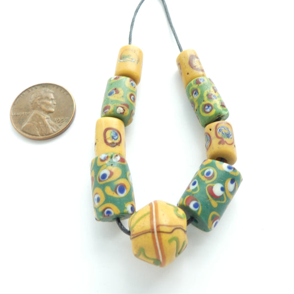 Lampwork, Antique Venetian, Amber & Green Collector/Designer Set of 9 Beads