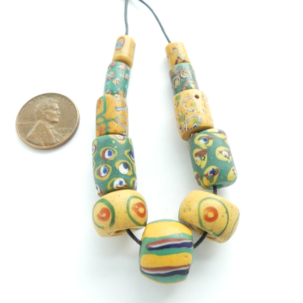 Lampwork, Antique Venetian, Amber & Green Collector/Designer Set of 11 Beads