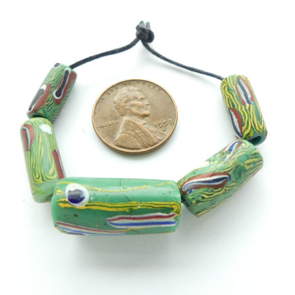 Lampwork, Antique Venetian, Green with Peacock Feather Designs, Set of 5