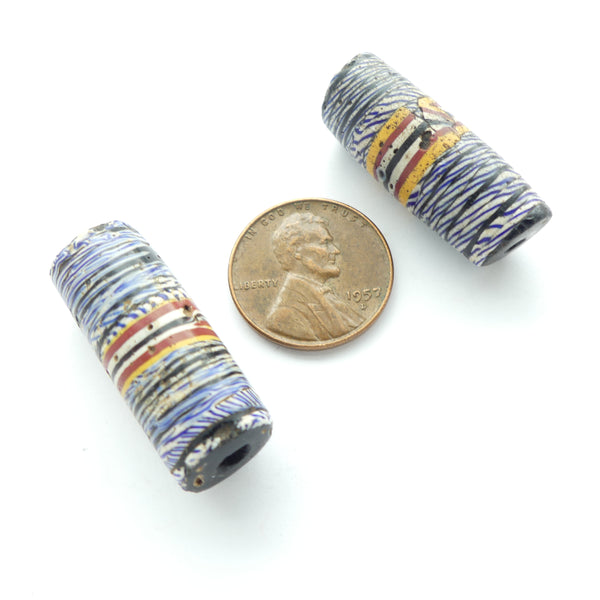Lampwork, Antique Venetian, Blue Kente Beads, 28x12mm, Sets of 2