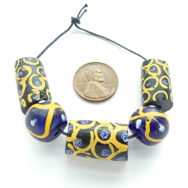 Lampwork, Antique Venetian, Black Beads with Yellow & Blue Eyes, Set of 5