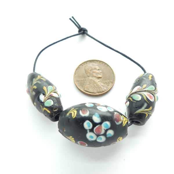 Lampwork, Antique Venetian, French Ambassador Bead and Small Ovals with Floral Sprays, Set of 3