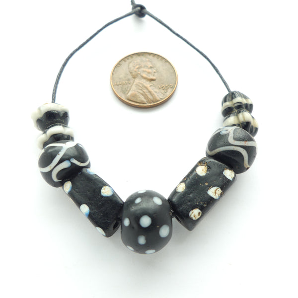 Antique Venetian Lampwork, Black & White Designer/Collector Set of 7 Beads