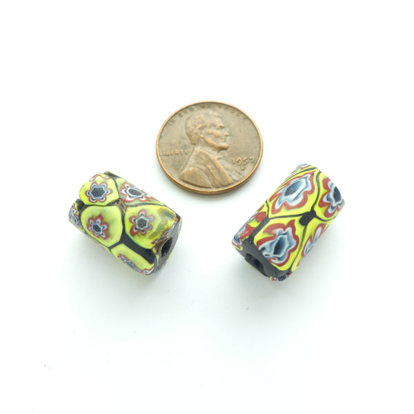 Millefiori Antique Trade Beads, Yellow with Cased Flower Design, 17x10mm, Set of 2