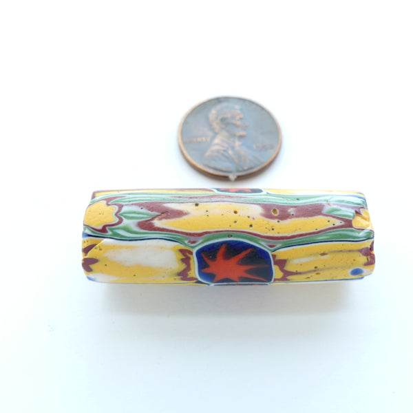 Millefiori Antique Trade Bead, Yellow & Green Chevron Lengthwise with Red Star, 39x13mm