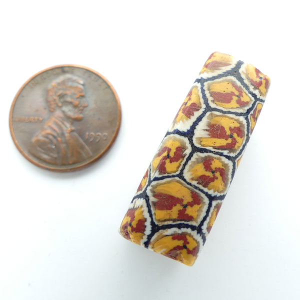 Millefiori Antique Venetian Trade Bead, Complex Bundled Cane in Amber & Brick, 30x11mm