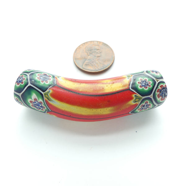Millefiori, Antique Venetian Trade Bead, Large Elbow, Stunning Red & Green, 53x14mm
