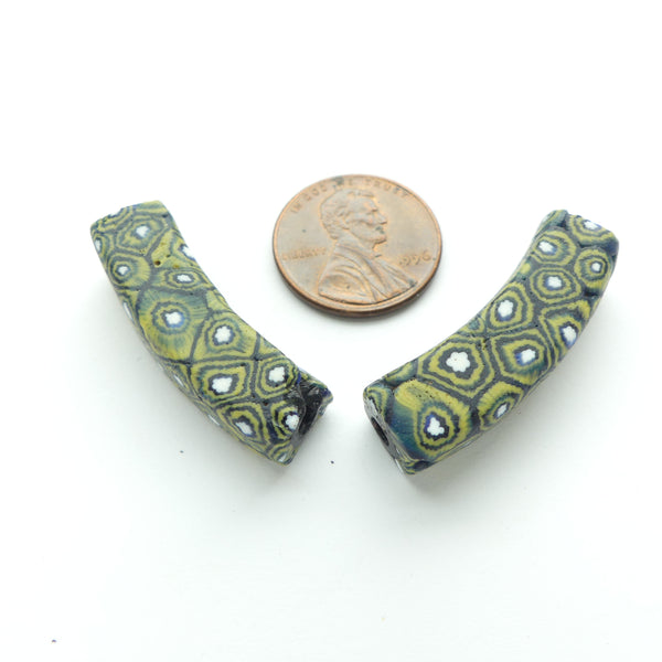 Millefiori Antique Venetian Trade Beads, Elbows, Square Cross-Section, Muted Colors, Set of 2