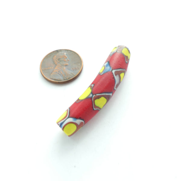 Millefiori Antique Trade Beads, Bright Red and Yellow Slim Elbow, 43x9mm