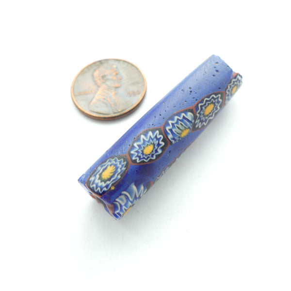 Millefiori Antique Trade Bead, Rare Cornflower Blue with Chevron Murrine, 42x11mm