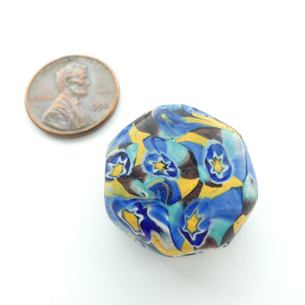 Millefiori Antique Trade Bead, Tabular with Blue, Turquoise & Amber Star Murrine, 24x24