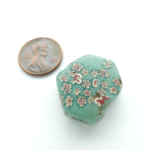 Millefiori Antique Trade Bead, Tabular Hexagonal Blue-Green with Flowers, 24x24mm