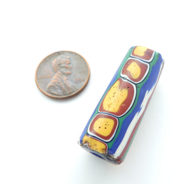 Millefiori Antique Trade Beads, Amber, Red & Green with Red, White & Blue Stripes, 34x13mm